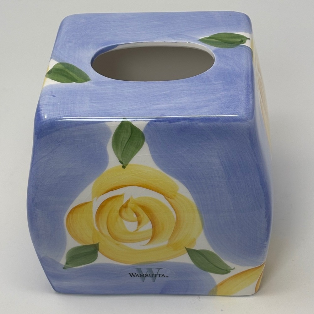 Wamsutta Provence Tissue Box Cover Ceramic square Hand Painted Yellow Rose Blue